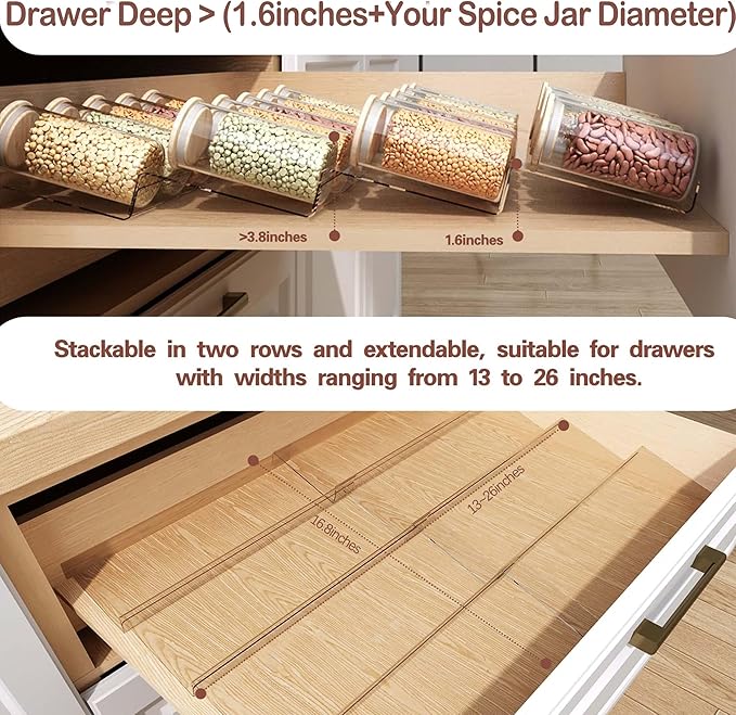 Drawer Organizer Set,4 Tier- 8 Pack Acrylic Seasoning Organizer, Kitchen Organizers and Storage, Makeup Organizer,Expandable From 13'' to 26'' Trays with Angled Dividers for Vanity Drawer,Bathroom