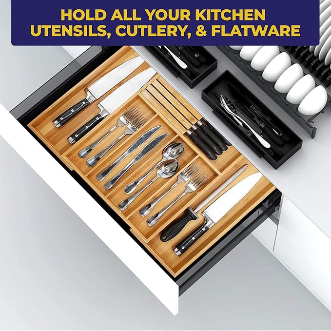 NEW Supplier: Bamboo Wood Drawer Organizer, Silverware Drawer Organizer, Kitchen Drawer Organizer with Drawer Dividers and removable knife block. – 12.75-22 x 17 x 2 In (Brown)