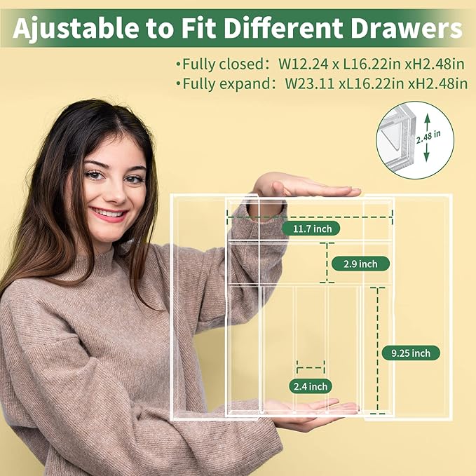 NIUBEE Expandable Kitchen Drawer Organizer for Flatware and Utensils,Clear Acrylic Adjustable Silverware Tray for Drawer,Office,Bathroom Supplies-9 Compartments