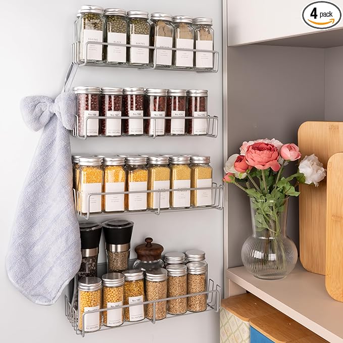 Strong Magnetic Spice Rack For Refrigerator with 20 Hooks, Space Saving Organizer, Durable Shelf for Oven - 4 Pack - Iron - Ultimate Gray