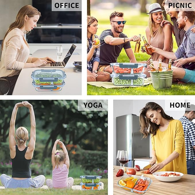 10 Packs 30oz Glass Meal Prep Containers 2 Compartments,Glass Food Storage Containers with Lids,Airtight Lunch Bento Boxes,Microwave,Oven,Freezer and Dishwasher Safe