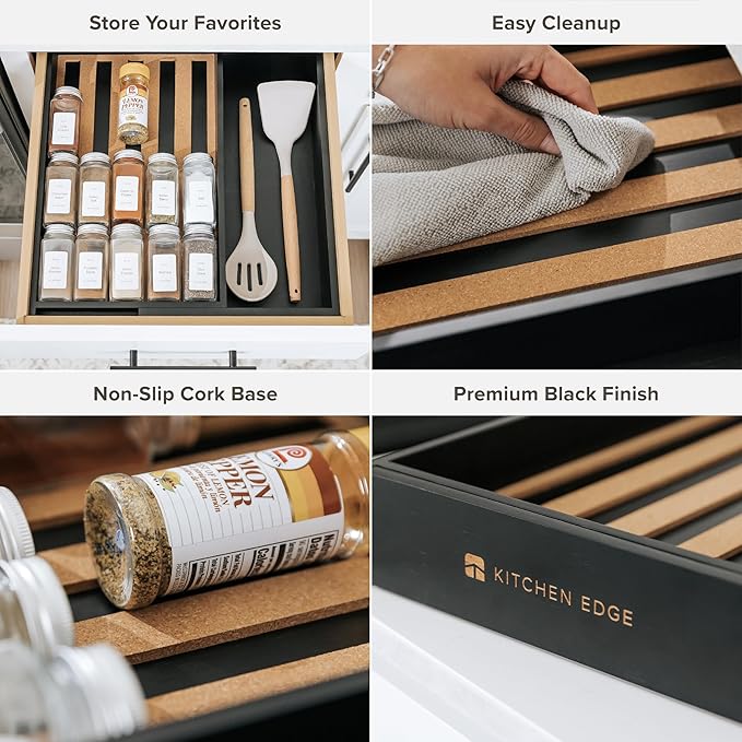 Spice Drawer Organizer with Expandable Storage. Holds up to 15 Spice Jars (Not Included), Non-Slip Feet, Kitchen Accessory Storage, 100% Sustainable Bamboo Wood, Food-Safe Black Finish