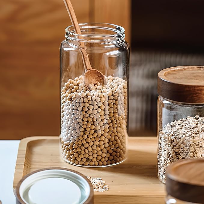 17 oz/500 ml Clear Glass Storage Canister with Airtight Wooden Screw Lid, Small Cute Decorative Glass Container Jar for Coffee,Spice,Candy,Salt,Cookie,Condiment,Pepper,Sugar,Overnight Oatmeal