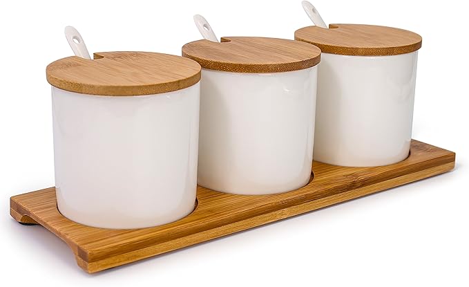 Lucky Goddness June Sky Ceramic Food Storage Containers with Bamboo Lid- Modern Design Porcelain Jar- Perfect Canister for Sugar Bowl Serving Tea, Coffee, Spice- Condiment Pot 8 oz, white