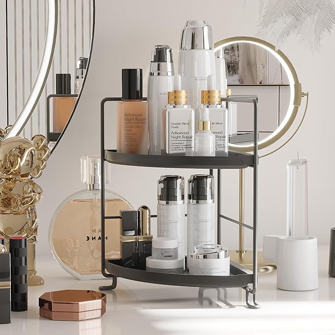 2 Tier Corner Bathroom Countertop Organizer, Tool-Less Installation Vanity Tray for Skincare Makeup Perfume Organizer, Small Plastics Counter Bathroom Storage and Organization (Black)