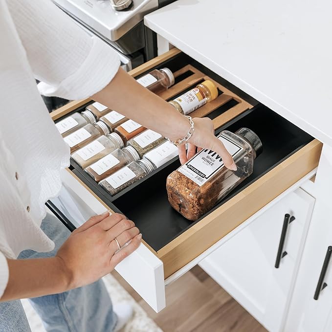 Spice Drawer Organizer with Expandable Storage. Holds up to 15 Spice Jars (Not Included), Non-Slip Feet, Kitchen Accessory Storage, 100% Sustainable Bamboo Wood, Food-Safe Black Finish