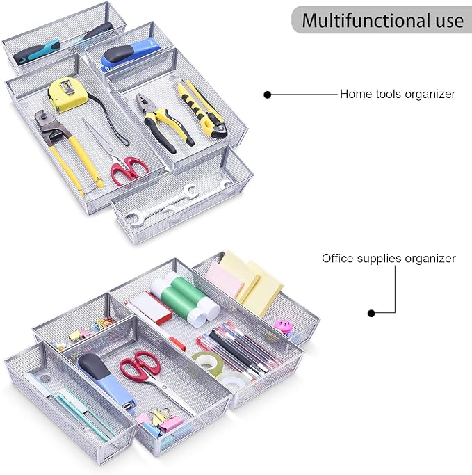WuGeShop Mesh Silverware Tray Drawer Organizer, Kitchen Utensils Flatware Tray with Anti-slip Mats, Silverware Storage Cutlery Tray for Knives Fork Spoon (5 Separate Compartments, Silver)