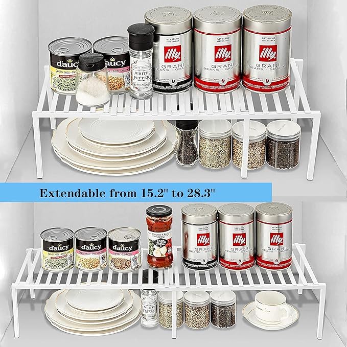 Redrubbit 2 Pack Expandable Cabinet Storage Shelf Rack - Kitchen Counter and Cabinet Shelf - Steel Metal Wire - Cupboard, Plate, Dish, Counter & Pantry Organization - White