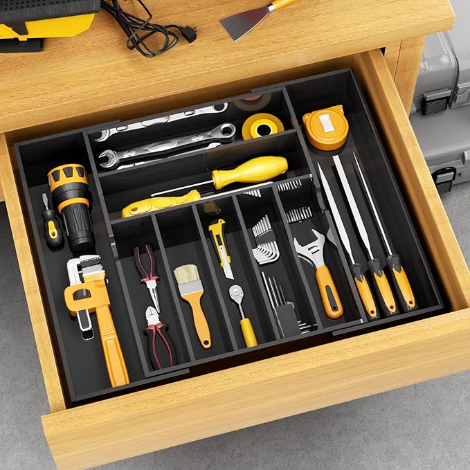 NIUBEE Expandable Kitchen Drawer Organizer for Flatware and Utensils,Black Acrylic Adjustable Silverware Tray for Drawer,Office,Bathroom Supplies-9 Compartments