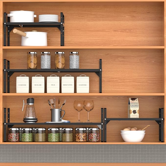Expandable Kitchen Cabinet Shelf Organizers, Stackable Metal Pantry Storage Shelves Rack, Adjustable Counter Spice Shelf for Cabinets, Countertop, Cupboard Organizers and Storage, Black