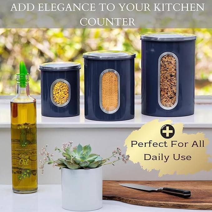 Mixpresso 3-Piece Blue Canisters Set - Airtight Coffee & Tea Organizer, Sugar Canister, Kitchen Jars with See-Through Window