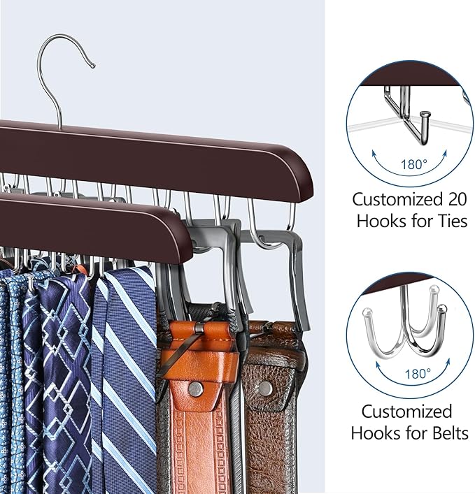 2 Pack Tie Rack & Belt Hanger 2 in 1 Tie Hanger Space Saving Max 42 Belts& 60 Ties Capacity for Closet Organizers and Storage, Sturdy Wood Belt & Tie Collection Organizer