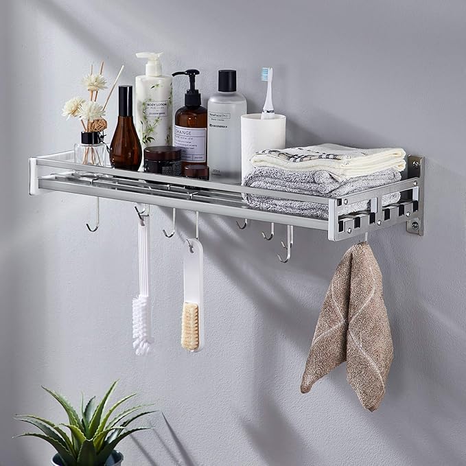 Wall Shelf with 16 Hooks, Stainless Steel Wall Hanging Shelf Organizer Rack for Kitchen, Heavy Duty Slat Shelving Unit for Storage (20'' by 9 1/2")