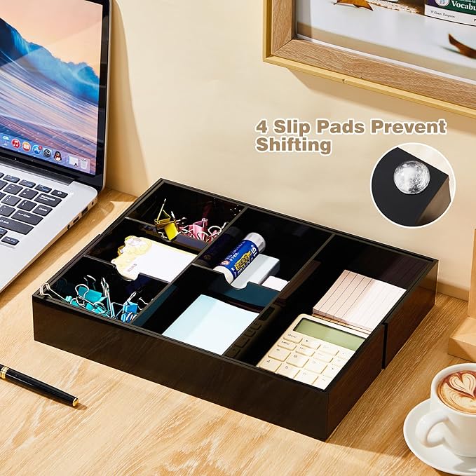 1 Pc Acrylic Desk Drawer Organizer Maximum Expandable Drawer Organizer Trays with 8 Adjustable Compartments Desk Accessories for Makeup Silverware Office Bathroom(Black,Classic)
