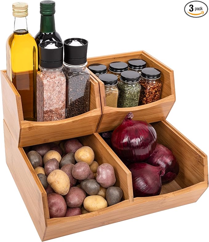 Seville Classics Bamboo Premium Organizer Storage Bins for Kitchen Silverware, Pantry, Closet, Office Desk, Pens, Utensils, Makeup, K Cup, Bamboo, Stackable Bin Set (3 Piece)