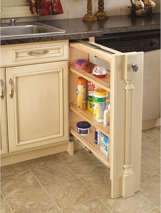 Rev-A-Shelf Pullout Shelf Organizer for Base Kitchen or Bathroom Cabinets, Wood Filler Pantry Storage or Spice Rack, Maple, 9" x 23" x 30", 432-BF-9C
