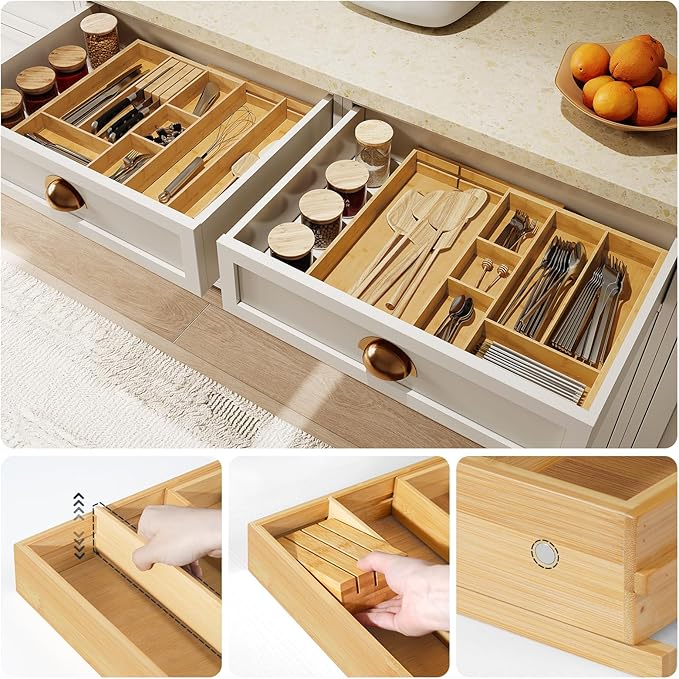 HO0BRO Large Silverware Organizer Kitchen Drawer Organizer, Magnetic Connected Expandable Utensil Organizer From 22 to 35 Inches, Bamboo 16 Slots Cutlery Tray with Knife Holder, Natural YL07TL01