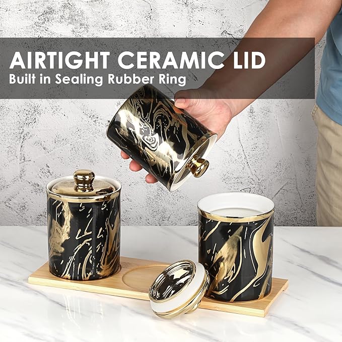 3 Pack Ceramic Canister Set with Lids and Bamboo Tray, Coffee Tea Sugar Container Set, Ceramic Storage Jar Decorative Storage Pots Kitchen Canister for Countertop, Black Marble Style