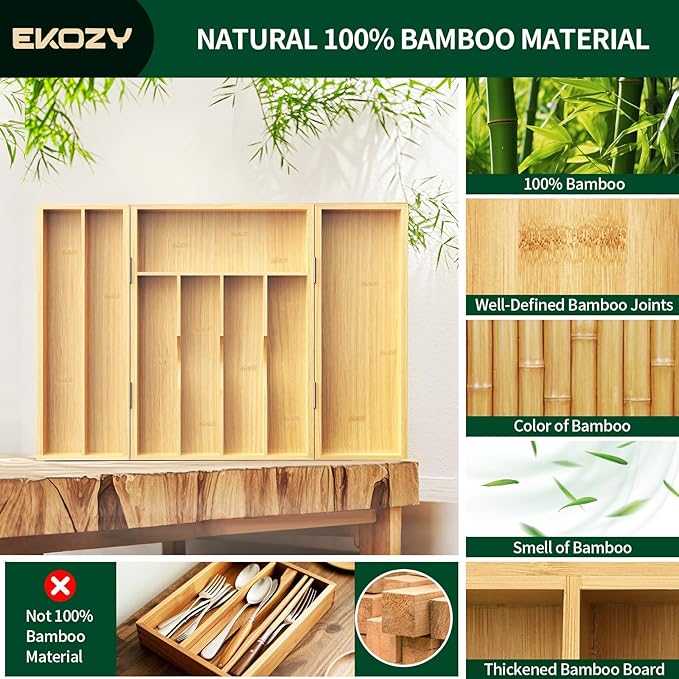 100% Bamboo Kitchen Drawer Organizer, 180° Flip Lid Feature Silverware Organizer for Cutlery Utensil, Cutlery Tray, 8 Slots with Dividers, Waterproof, Non-Slip, for Farmhouse to Modern Kitchen