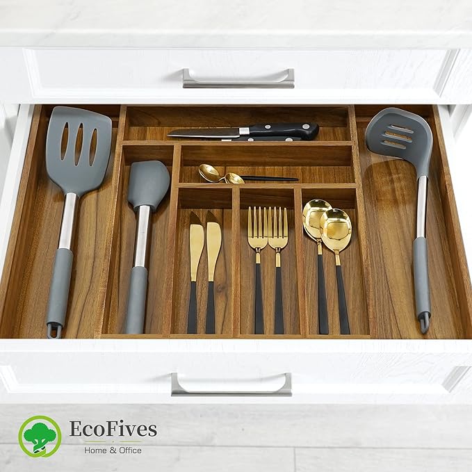 Luxury Acacia Kitchen Drawer Organizer - Silverware Organizer - Utensil Holder and Cutlery Tray with Grooved Drawer Dividers for Flatware and Kitchen Utensils (8 Slot), 17*12.4*2 inch