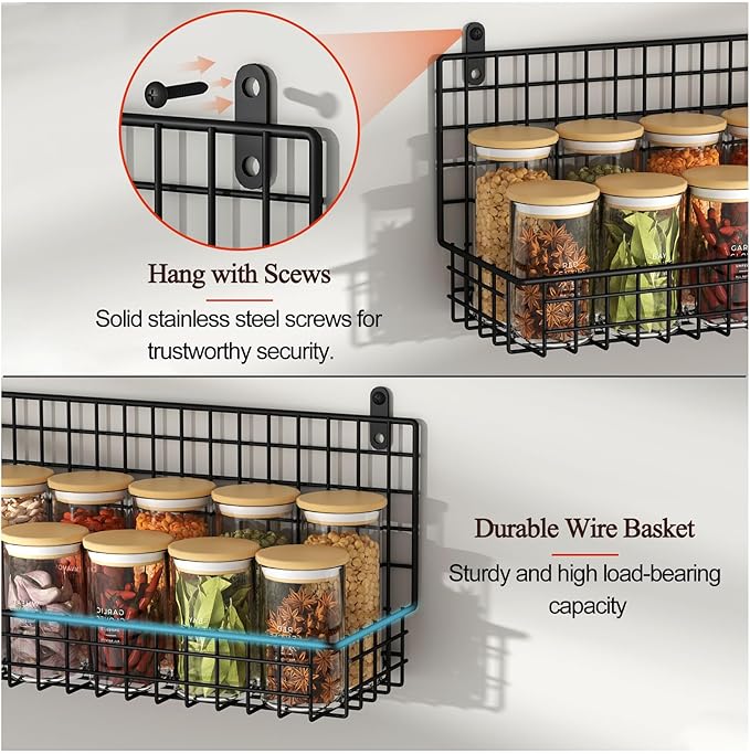 X-cosrack Spice Rack Organizer Wall Mounted 4-Tier Stackable Hanging Spice Storage Racks,Great for Kitchen and Pantry Storing Spices, Large with 5 Hooks, Up to Storage 80 Jars(Patent No.:D909138S)