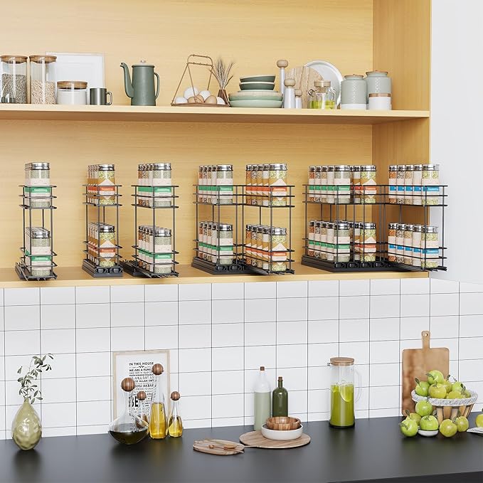 Pull Out Spice Rack Organizer for Cabinet, Slide Out Spice Racks, Easy to Install Spice Cabinet Organizers, 2.75''Wx10.35''Dx8.26''H, 2 Drawer 2 Tiers(Black