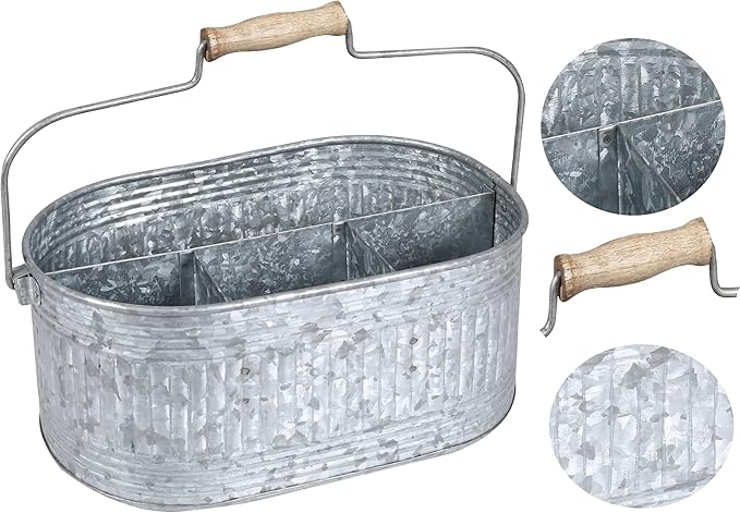 CLEENTABLE Farmhouse Galvanized Metal Utensil Caddy – 4-Compartment Silverware Organizer with Removable Handle for Countertop, Picnic & Party Use (10"x6.5"x5.5", Grey)