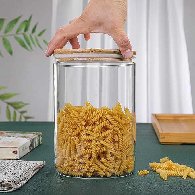 2 Sets 3000 ML/100 FL OZ Clear Glass Storage Canister Holder with Airtight Bamboo Lid, Extra Large Container Jar for Flour Sugar Coffee Loose Tea Rice Cookie Cereal Pasta Spaghetti Protein Powder