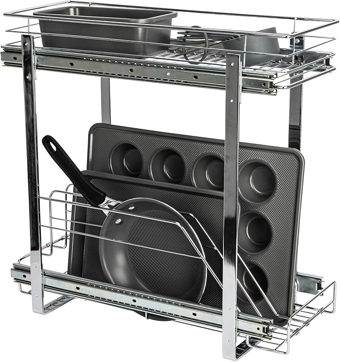 Household Essentials Glidez Multipurpose Chrome-Plated Steel Pull-Out/Slide-Out Dual-Sliding Storage Organizer for Cookware and Bakeware - 2-Tier Design - Fits Standard Size Cabinet or Shelf, Chrome