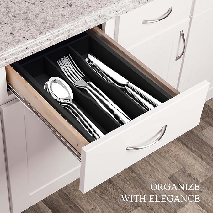 Small Silverware Organizer, Bamboo Kitchen Drawer Organizer, Utensil Holder, Cutlery Tray & Spoon Flatware Storage with Grooved Drawer Dividers (Black)