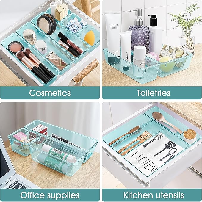 WOWBOX 28 PCS Clear Plastic Drawer Organizer Set, 4 Sizes Desk Drawer Divider Organizers and Storage Bins for Makeup, Jewelry, Gadgets for Kitchen, Bedroom, Bathroom, Office,Sea Blue