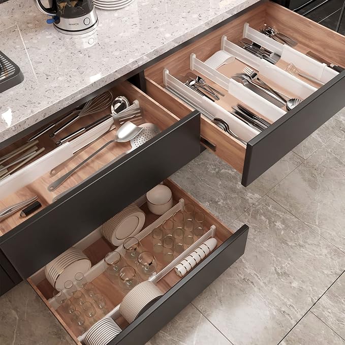HiYZ Expandable Drawer Dividers, Large Kitchen Utensils Drawer Divider, 2.36" High Adjustable Drawer Organizers Separators for Clothing,Kitchen Utensils,Tools,3 Long Dividers(12.6"-22.8"), White