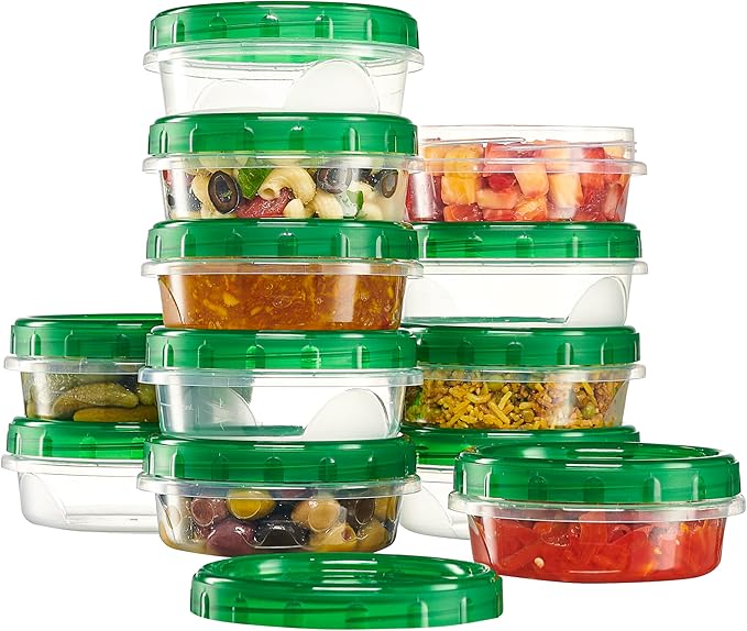 PLASTICPRO 6 Pack Twist Cap Food Storage Containers with Green Screw on Lid- 8 oz Reusable Meal Prep Containers - Freezer and Microwave Safe Green Plastic Food Storage