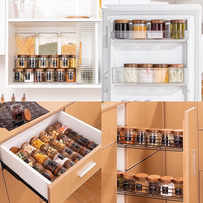 Yangbaga Glass Spice Jars with Labels: 12p 8oz Wide Mouth Square Bottle w/Pepper Grinder&Funnel - Airtight Wood Lid & Dishwasher Safe - Home Kitchen Pantry Daily Use - Gift for Newlyweds/Households