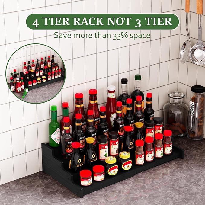 Spice Rack Organizer for Expandable 4-Tier, 2 Pack Adjustable Bamboo Spice Storage for Kitchen Cabinet, Pantry and Countertop Organization, Black