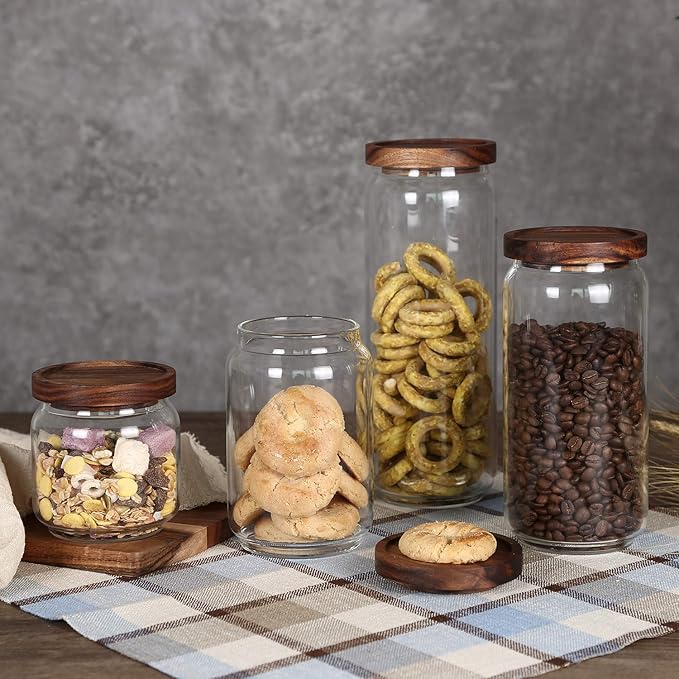 KKC HOME ACCENTS Clear Glass Food Storage Canisters with Airtight Wooden Lids for Coffee Beans,Ground Coffee,Loose Leaf Tea,Pack of 4