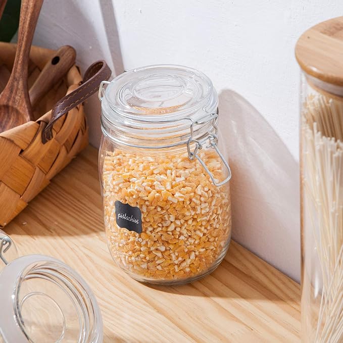 Glass Kitchen Storage Canister Mason Jars with Lids,32oz Airtight Glass Canister with Hinged Lid,Perfect for Kitchen Canning Cereal,Pasta,Sugar,Beans (Labels & Chalk Marker)-Set of 4