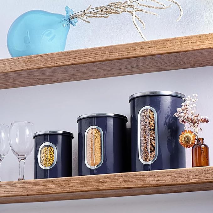 Mixpresso 3-Piece Blue Canisters Set - Airtight Coffee & Tea Organizer, Sugar Canister, Kitchen Jars with See-Through Window