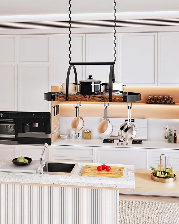 Hanging Pot Rack, Pot Hanger for Kitchen, Ceiling Mounted Pot Holder, Cookware Organizer with 12 S-Shaped Hooks, for Pot, Pan Storage, Space-Saving, Rustic Brown and Black TPR08BFC1