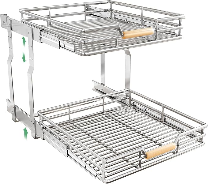 Kitstorack Pull out Cabinet Organizer,2 Tier Heavy Duty Smooth Sliding Under Cabinet Shelves for Pots and Pans,Roll out Drawers with Thickened Chrome Plating(23" W X 21" D)