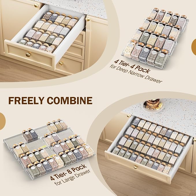 Spice Drawer Organizer, 4 Pack Clear Seasoning Organizer Rack, Kitchen Spice Rack Organizers for Drawer/Countertop (Jars Not Included, Expandable From 11" to 22" Wide)