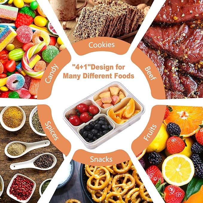 Snackle Box Container, 4 Compartment Divided Serving Tray with Lid, Snack Box Container for Candy, Fruit and Snacks, Great for Gatherings, Outings, Parties and Entertaining