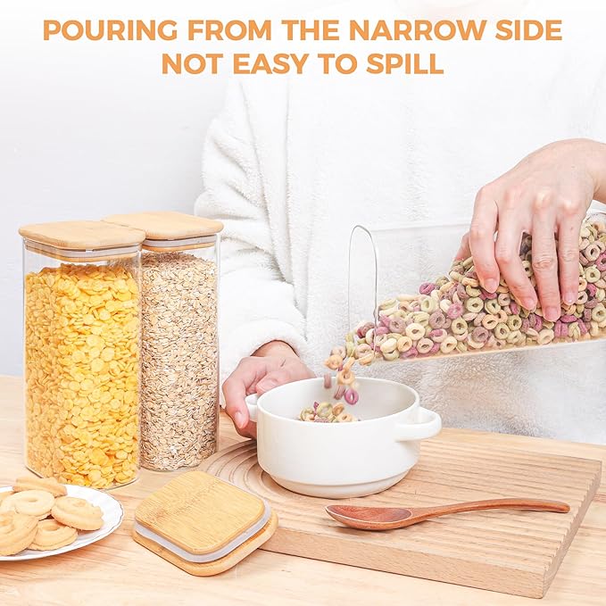 ComSaf 54oz Rectangle Glass Containers with Lids, Glass Jars with Bamboo Lids, Clear Food Storage Jar, Sugar Coffee Containers, Pantry Storage for Pasta Rice Flour Oats Nuts Tea