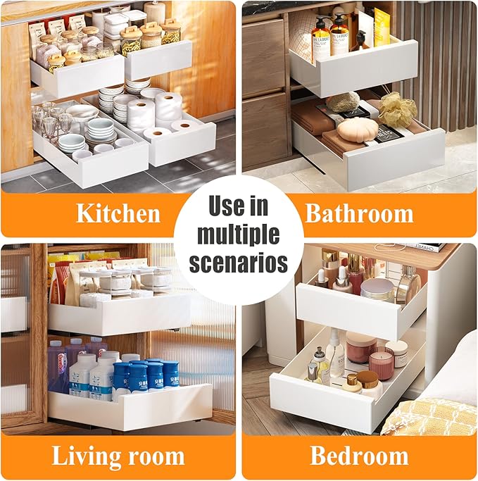 Pull Out Cabinet Organizer Fixed With Adhesive Nano Film,Heavy Duty Storage and Organization Slide Out Pantry Shelves Sliding Drawer Pantry Shelf for Kitchen 15.8"W x 16.9"D x 3.1"H(1PC)