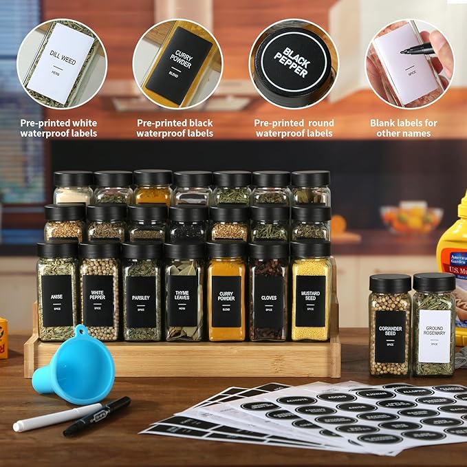 48 Glass Spice Jars with Labels,Spice Jar Set,4oz Seasoning Containers,Spice Containers with Black Airtight Lids and Shaker Lids,Square Empty Spice Bottles, 492 Labels,2 Marker Pens,1 Funnel