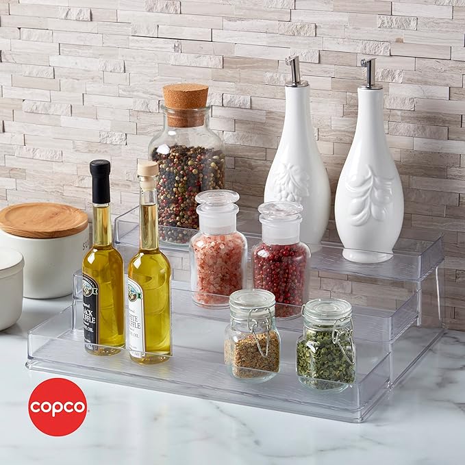 Copco 3 Tier Clear Stadium Organizer with Deep Shelves Versatile Storage for Spices Pantry and Supplies Durable Plastic 3.75 Inch Shelves