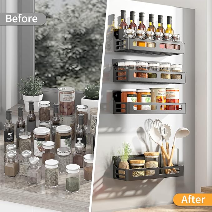 Magnetic Spice Rack for Refrigerator, 4 Pack Premium Plastic Spice Rack Organizer,Magnetic Fridge Shelf Seasoning Rack,Perfect Kitchen Organization and Storage (Black)