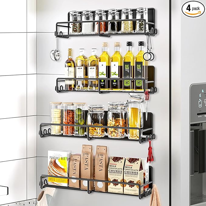 Magnetic Spice Rack for Refrigerator, 4 Pack Magnetic Fridge Shelf with Hooks, Spice Organizer Shelf for Kitchen Organization and Storage, Seasoning Organizer Gadgets for Metal Surface
