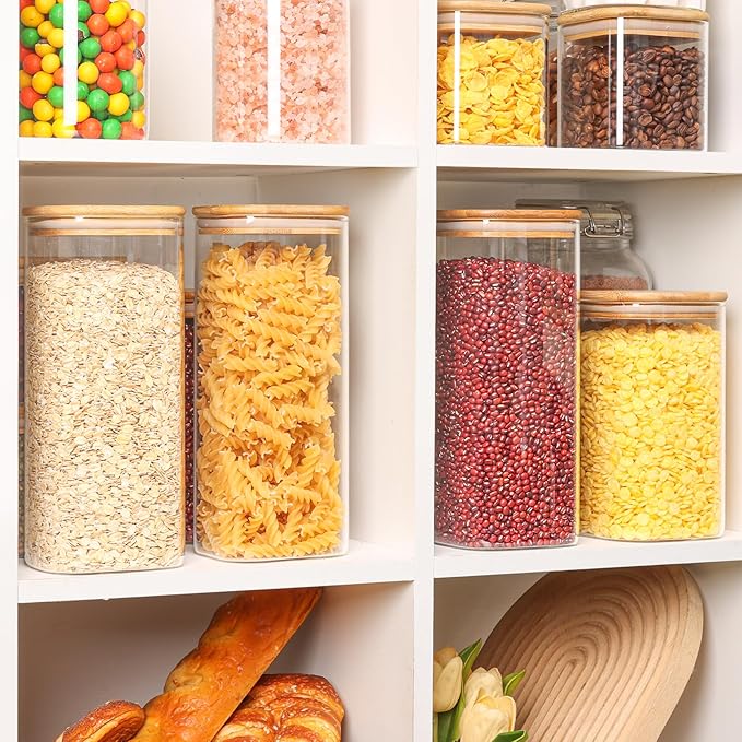 ComSaf 61oz Glass Storage Containers with Lids, Glass Jars with Lids, Clear Food Storage Jar, Square Glass Canister Set of 3, Pantry Organizers and Storage for Flour Rice Pasta Tea Coffee Bean