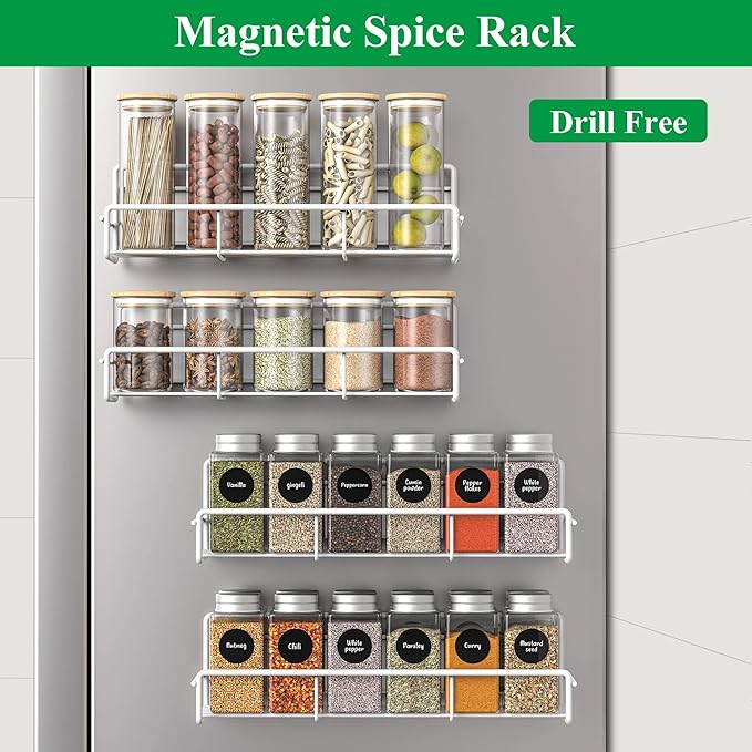 4 Pack Magnetic Spice Rack Organizer for Refrigerator and Microwave Oven, Metal Fridge Shelf for Kitchen, White
